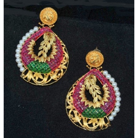 Real Look Intricate Gold Ruby with Emerald Dangler Earrings